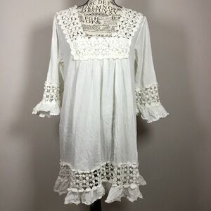 White gauzy 100% cotton tunic dress square neck crochet neck hem and cuff sz M